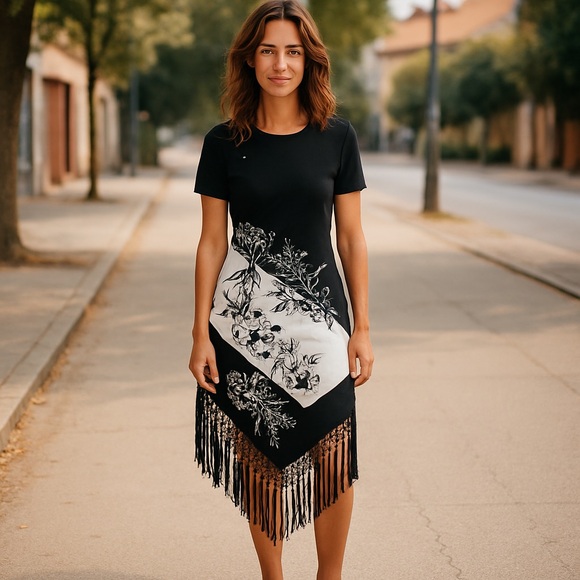 Vintage Caché ASYMMETRICAL Skirt Size 8 Black & White Fringe Floral Embroidery - Picture 6 of 16